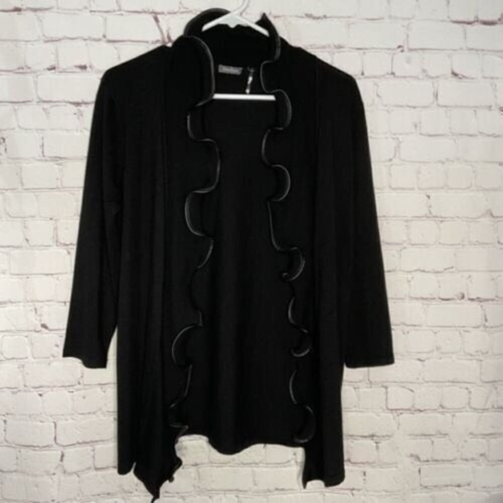 Neiman Marcus Black Ruffle Faux Leather Trim 3/4 Slv Open Cardigan Women M China
